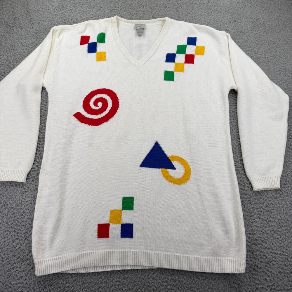 Jacqueline Ferrar Sport Vintage 90s Geometric Cotton V-Neck Sweater XL White